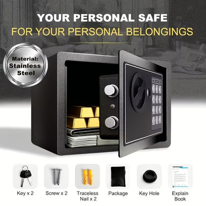 Coffre-fort ignifuge pour la maison avec clavier numérique, clés et verrouillage par code – Inclut sac ignifuge pour espèces, éclairage à détecteur et étagère réglable pour argent et objets de valeur au bureau ou à la maison