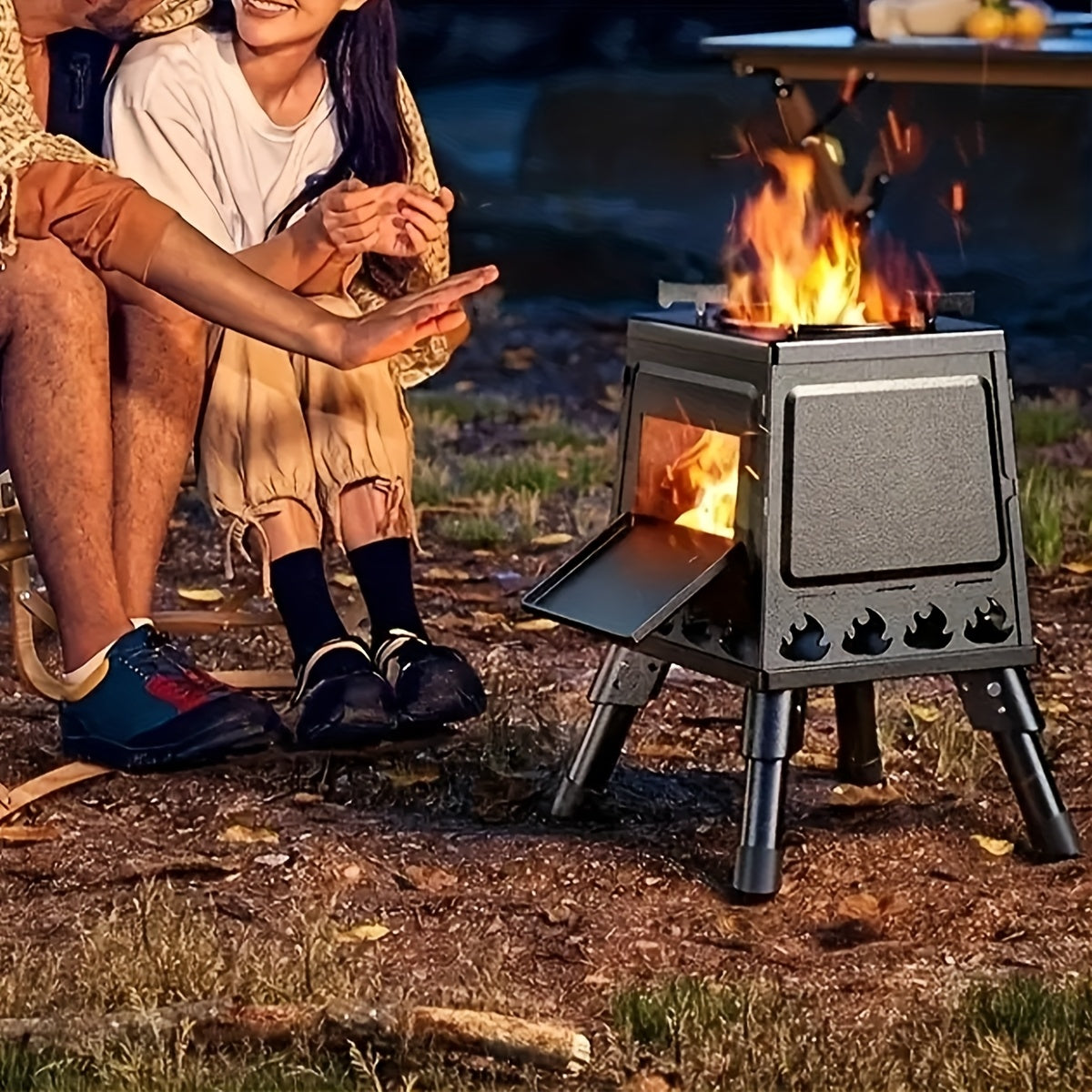 Réchaud de camping portable à bois avec ciseaux barbecue - Poêle de randonnée léger et kit de grill de pique-nique pour le voyage et le camping