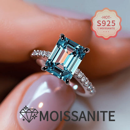 Bague de promesse en argent sterling S925 et moissanite bleue pour femme – Pierre carrée taille princesse, bague de fiançailles ou de mariage avec certificat, tailles 5 à 11, cadeau de luxe élégant
