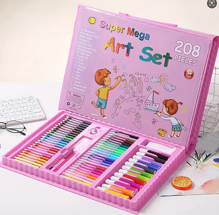 Set de 228 pièces pour activités artistiques pour enfants, kit de dessin et peinture de luxe avec pastels à l'huile, crayons de cire, feutres colorés et acryliques, pinceaux aquarelle et bloc à dessin, cadeau pour enfants