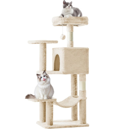 Arbre à chat de 112 cm avec niche et hamac – Poteaux à griffer en sisal naturel, perchoirs à plusieurs niveaux et maison pour chats d'intérieur, disponible en beige, gris, rose et noir/rouge