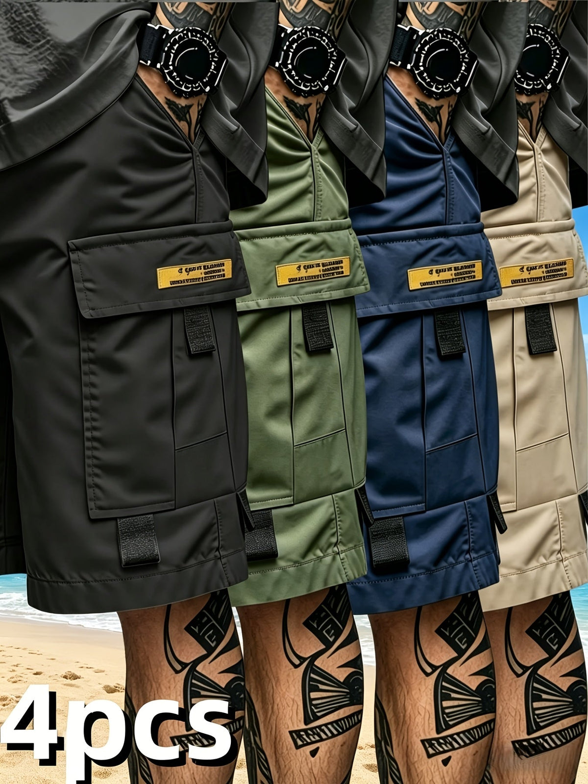 Lot de 4 shorts cargo pour homme, séchage rapide, multi-poches, taille élastique avec cordon de serrage, coupe ample, short de sport pour fitness, golf et activités en plein air – Vêtement de travail décontracté, léger et respirant, S-XXXL