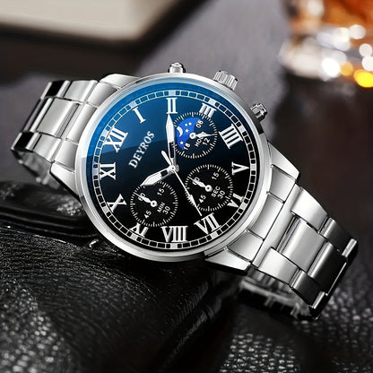 Ensemble montre chronographe à quartz pour homme en acier inoxydable avec collier et bracelet – Coffret cadeau bijoux 3 pièces avec heure universelle, style business pour événements formels professionnels