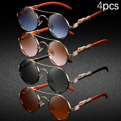 Lot de 4 paires de lunettes rondes punk rock avec charnières léopard et détails écailles de tortue – Monture en métal rétro avec verres en polycarbonate, lunettes tendance unisexe pour soirées, photos et usage quotidien