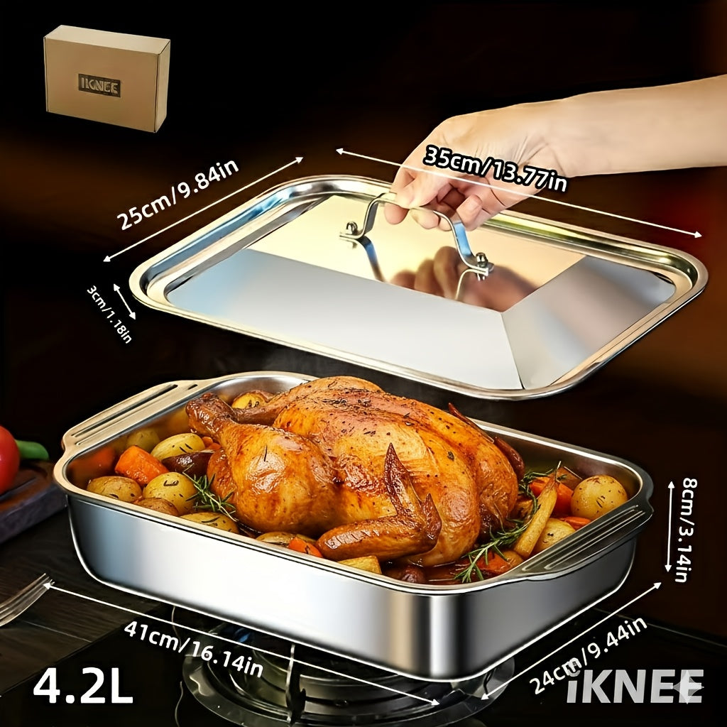 Ensemble de 4 plats de cuisson en acier inoxydable – 2 plats à rôtir profonds et 2 plats avec couvercle et poignées, plat rectangulaire de 6 litres et 41 cm pour dinde, lasagnes, poisson et poulet, compatible lave-vaisselle