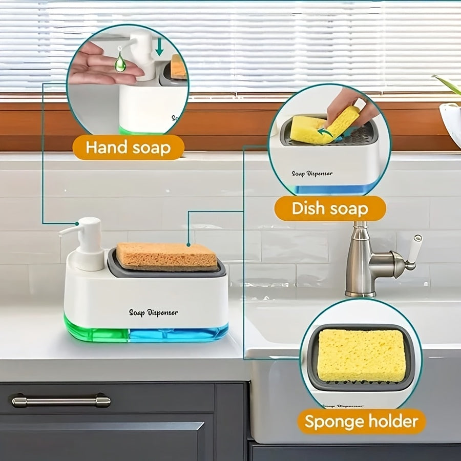 Distributeur de savon 2-en-1 avec porte-éponge intégré pour évier de cuisine – Distributeur à pompe pour comptoir pour savon à mains et vaisselle, distributeur de détergent, recharge facile, organisateur de cuisine idéal