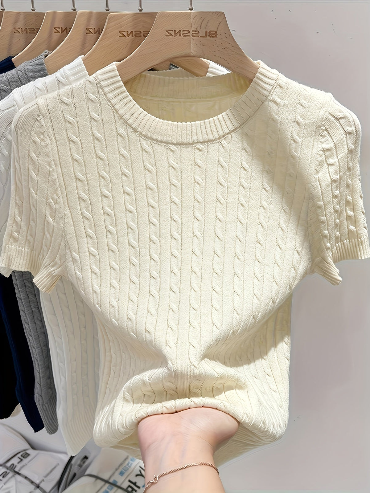 Pull femme en jacquard à manches courtes, chic, tricot torsadé, col rond, ourlet et poignets côtelés, léger, viscose, printemps-été, décontracté, S M L XL XXL