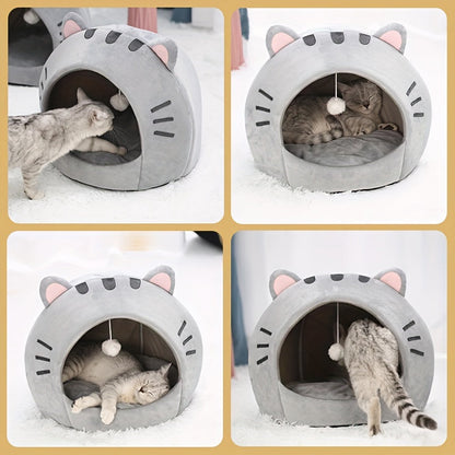 Niche pour chat, lit douillet et chaud pour chaton avec coussin amovible et lavable, design mignon avec oreilles de chat, tente semi-fermée pour chats d'intérieur et chatons – Lit de couchage en peluche douce antidérapant pour animaux