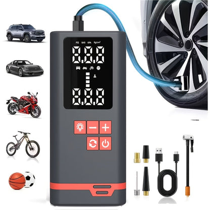 Compresseur d'air portable sans fil – Rechargeable par USB, affichage numérique, éclairage LED, adaptateurs multi-embouts, batterie au lithium, convient aux voitures, motos, vélos et ballons de sport
