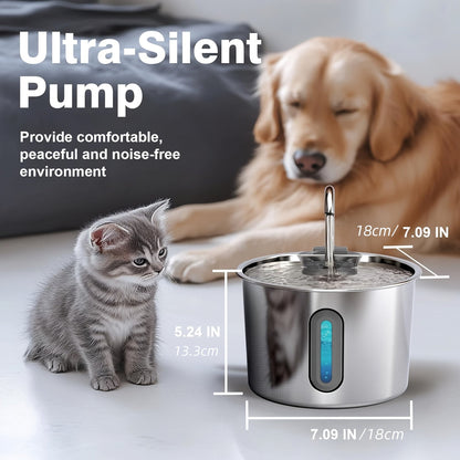 Fontaine à eau pour chat en acier inoxydable 2,2 L - Pompe USB ultra-silencieuse, débit type robinet, filtre à 3 étapes et fenêtre de niveau d'eau visible, fontaine automatique pour chats et petits chiens en intérieur