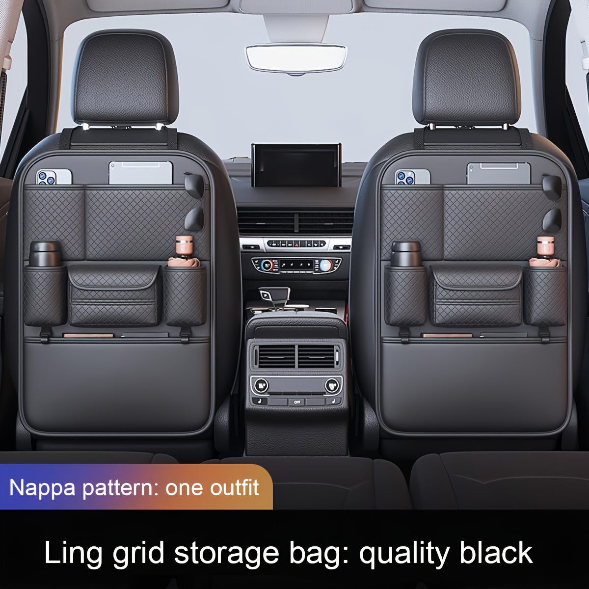 Organisateur de dossier de siège auto en cuir PU, grand sac de rangement multi-poches pour bouteilles d'eau, tablettes et ordinateurs portables – Organisateur d'intérieur de voiture élégant, noir classique, pour voitures, SUV et camions