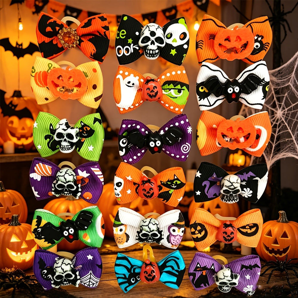 Lot de 20 nœuds pour poils de chien Halloween avec élastiques – Rubans de toilettage pour chiots et Yorkies de 40 mm, motifs et couleurs variés – Accessoires de toilettage festifs pour petits chiens et chats
