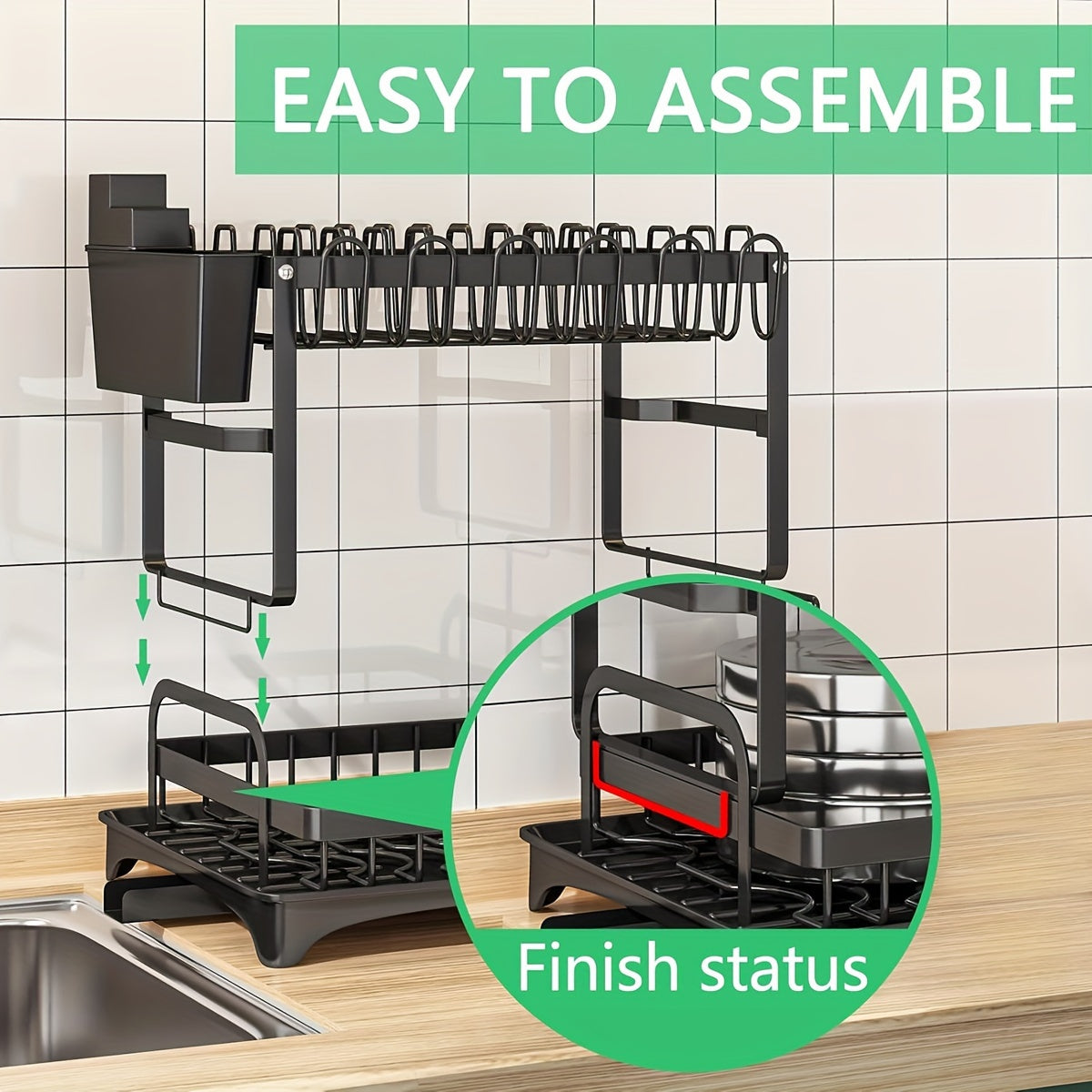 Égouttoir à vaisselle à 2 niveaux avec plateau d'égouttage pour comptoir de cuisine – Égouttoir en métal grande capacité avec plateau de récupération, organisateur pour assiettes, tasses et ustensiles, disponible en noir, blanc et gris