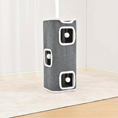 Arbre à chat pliable à plusieurs niveaux pour chats d'intérieur - Maison pour chat résistante aux griffures avec couchage douillet, cachette et balles à grelots, meuble pour chat de 1 à 3 étages pour grimper, jouer et se reposer