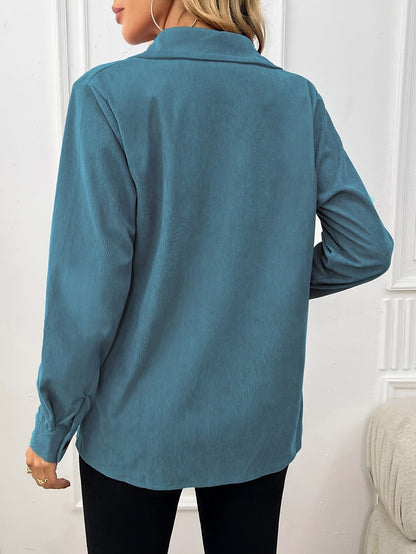 Corduroy Shirt Jacket Women Lapel Front Pocket Long Sleeve Shacket Casual Fall Outerwear Pale Pink Gray Peacock Blue Black XS S M L XL