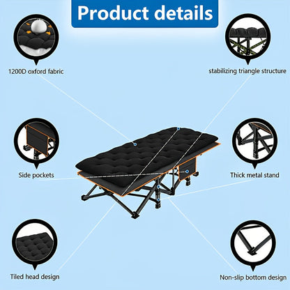 Lit de camp pliant portatif pour adultes - Tissu Oxford double épaisseur, très résistant 225/270/320 kg, lit de camping extérieur pliable avec sac de transport pour la plage, la sieste, les voyages, noir et gris