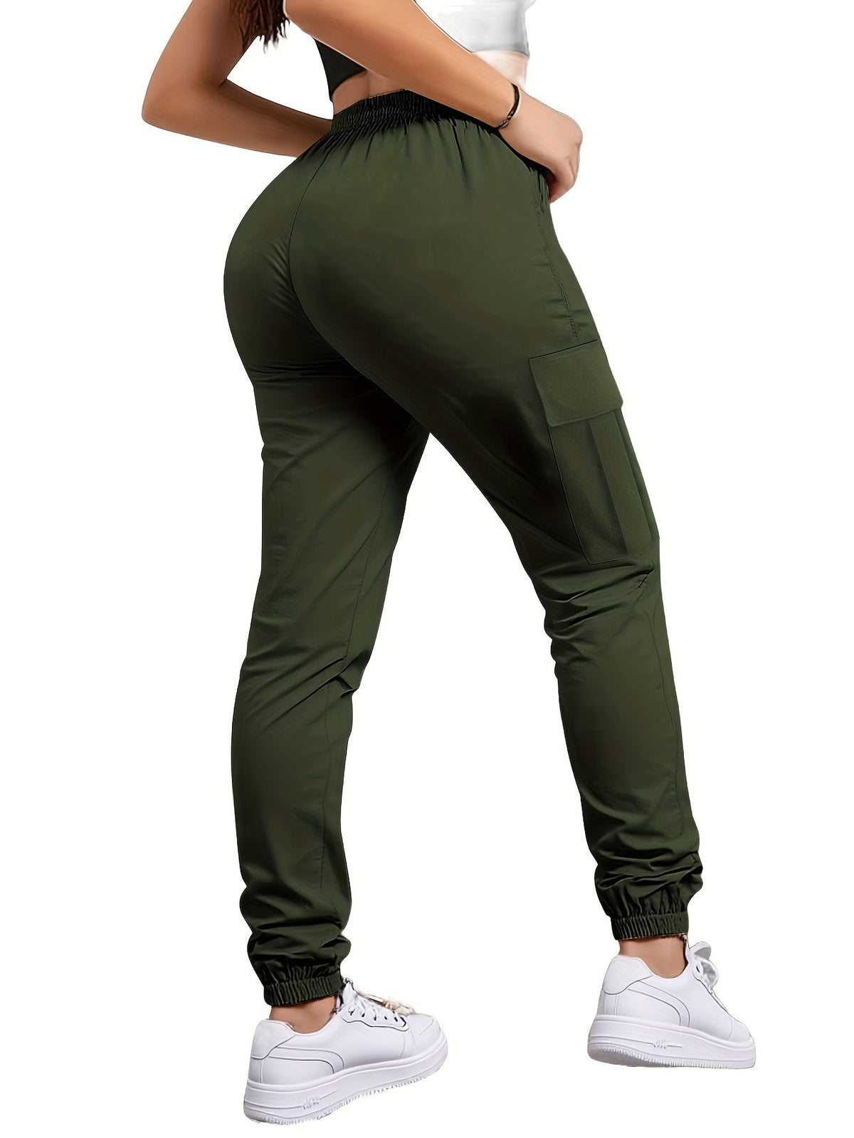 Pantalon cargo pour femme avec poches zippées – Taille élastique à cordon de serrage, grandes poches, pantalon décontracté pour l'extérieur, noir, gris, vert, bleu, XS-XXL