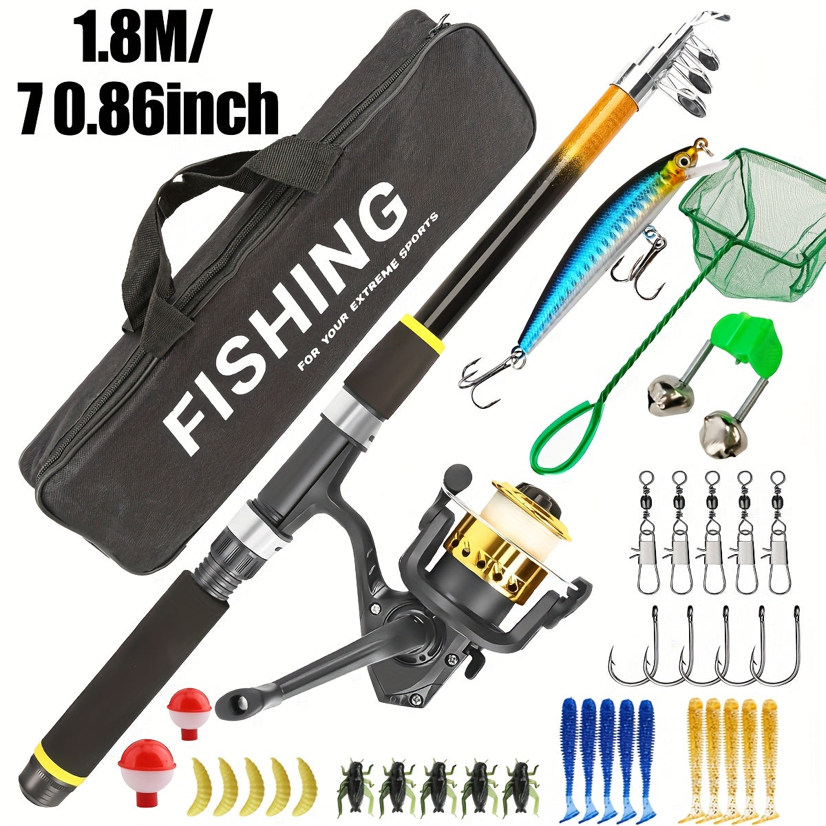 Kit de pêche complet pour débutant avec canne et moulinet – Canne spinning medium light avec leurres souples et durs, moulinet ambidextre, accessoires inclus, set de démarrage complet pour adultes et enfants