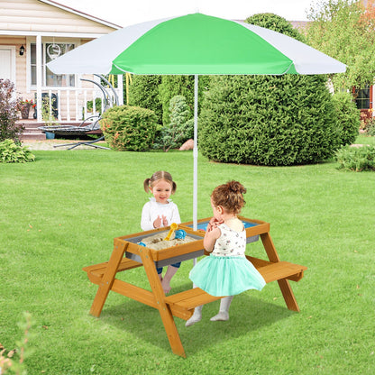 Table de pique-nique 3-en-1 pour enfants COSTWAY avec parasol réglable – Table d'activités en bois pour sable et eau, plateau amovible, capacité de 50 kg, ensemble de jeu intérieur et extérieur pour jardin et cour, naturel