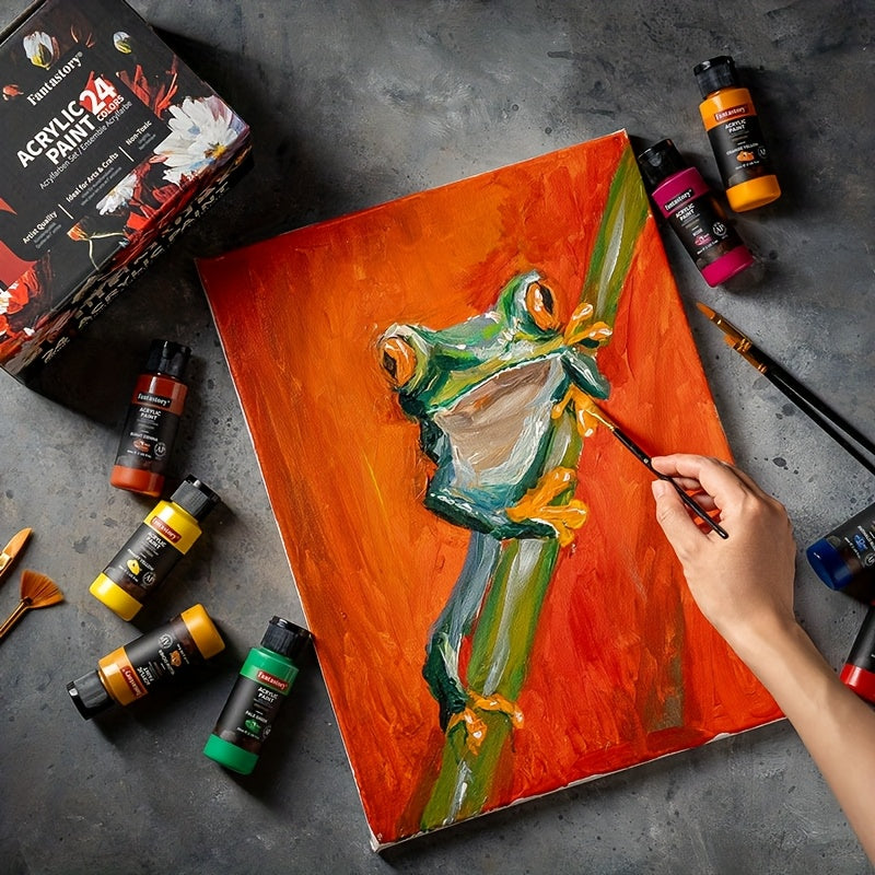 Ensemble de peinture acrylique professionnelle, 24 couleurs, grand format 60 ml, avec 12 pinceaux – Peintures acryliques riches en pigments et épaisses pour toile, bois, pierre, verre et céramique – Fournitures d'art pour débutants et artistes