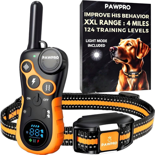 Collier de dressage pour chien avec télécommande, portée de 6 km – 124 niveaux réglables, 4 modes (bip, vibration, choc, veilleuse), collier électronique rechargeable pour chiens de 2 à 61 kg, avec guide de dressage