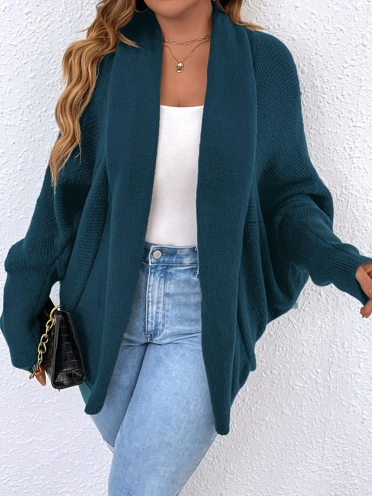 Cardigan femme à manches chauve-souris, col châle ouvert, pull manteau en maille ample – Veste légère unie couleur kaki