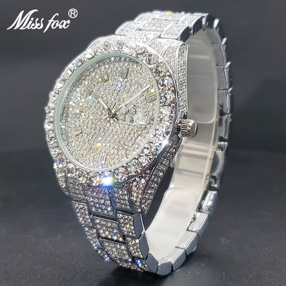 Montre à quartz pour homme avec strass, style classique business, affichage de la date, bracelet en alliage de zinc, argenté et doré, style luxueux, cadeau pour lui