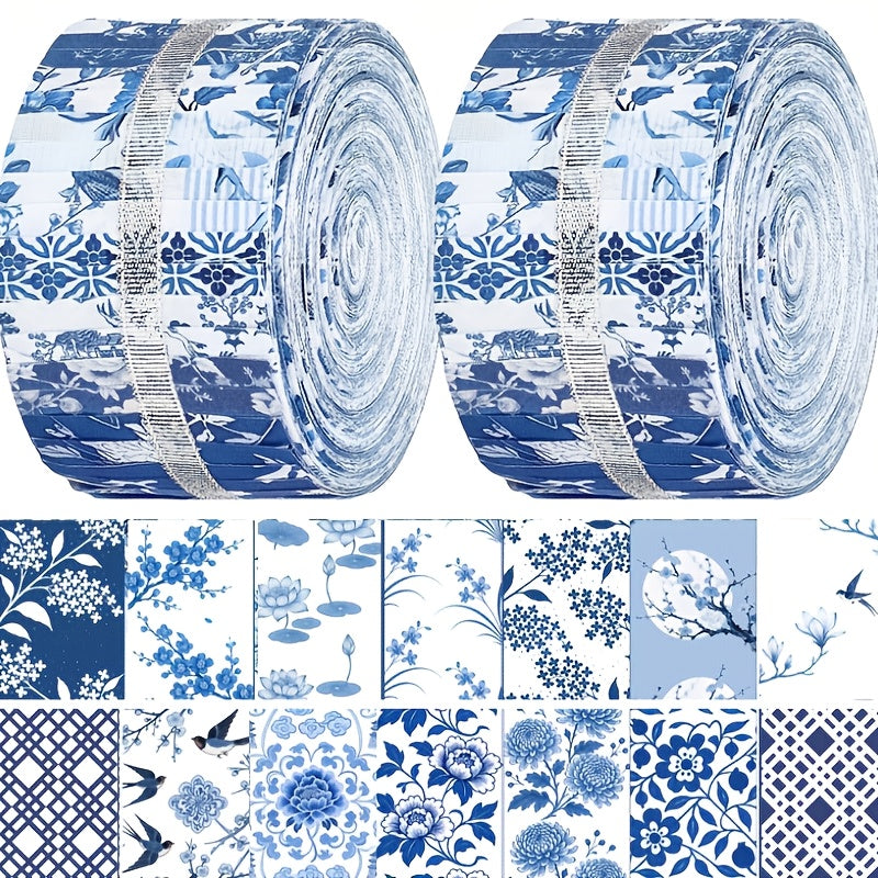 Lot de 40 bandes de tissu à quilter « Jelly Roll » style chinoiserie bleu et blanc - Tissu patchwork à motif floral en porcelaine prédécoupé pour le quilting, la couture et les loisirs créatifs, bandes de tissu en coton de 6,35 cm x 111,76 cm