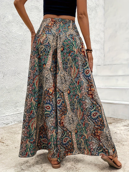 Women's Bohemian Wide Leg Pants High Waist Elastic Waist Paisley Floral Print Casual Flowy Trousers Spring Summer Fall S M L XL Multicolor