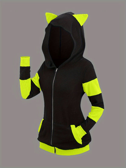 Veste à capuche avec oreilles de chat pour femme, sweat-shirt mi-long à fermeture éclair, style color-block, automne-hiver – Vêtement d'extérieur décontracté, chaud et épais, S-XXL