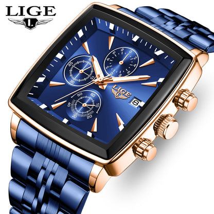 Montre à quartz analogique carrée pour homme LIGE – Bracelet en acier inoxydable, affichage du calendrier, montre-bracelet style sport preppy pour hommes et adolescents, 8 options de couleur, cadeau d'anniversaire ou de remise de diplôme bleu noir doré