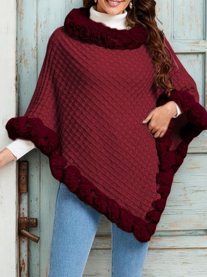 Poncho châle en tricot gaufré pour femme avec bordure en fausse fourrure - Pull élégant sans manches à col montant, cape enveloppante chaude de couleur unie pour l'automne et l'hiver, 8 couleurs taille unique