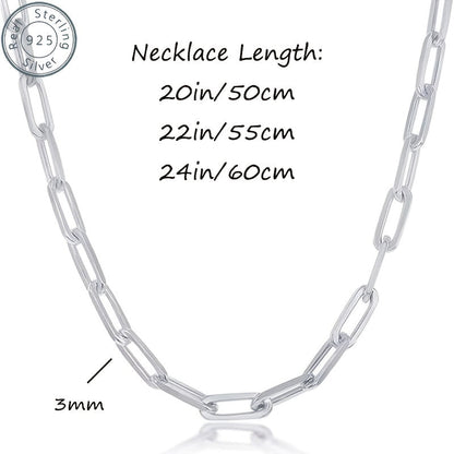 Collier chaîne trombone en argent sterling 925 pour femmes et hommes – Style bohème de 3 mm d'épaisseur avec pierre synthétique, 20/22/24 pouces, coffret cadeau inclus, bijou durable pour un usage quotidien et offrir en cadeau
