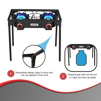 Réchaud de camping portable au propane DR.CAMP – Brûleur en fonte ultra-résistant avec pieds amovibles, options à un ou deux brûleurs, réchaud à gaz haute pression pour le camping, le barbecue, la survie et la cuisine en extérieur