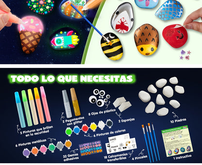 Kit de peinture sur galets phosphorescents pour enfants dès 6 ans – Ensemble complet d'arts créatifs avec 10 galets, 17 peintures, pierres précieuses, pinceaux et autocollants | Jouet créatif STEM pour garçons et filles, cadeau d'anniversaire et de Pâques