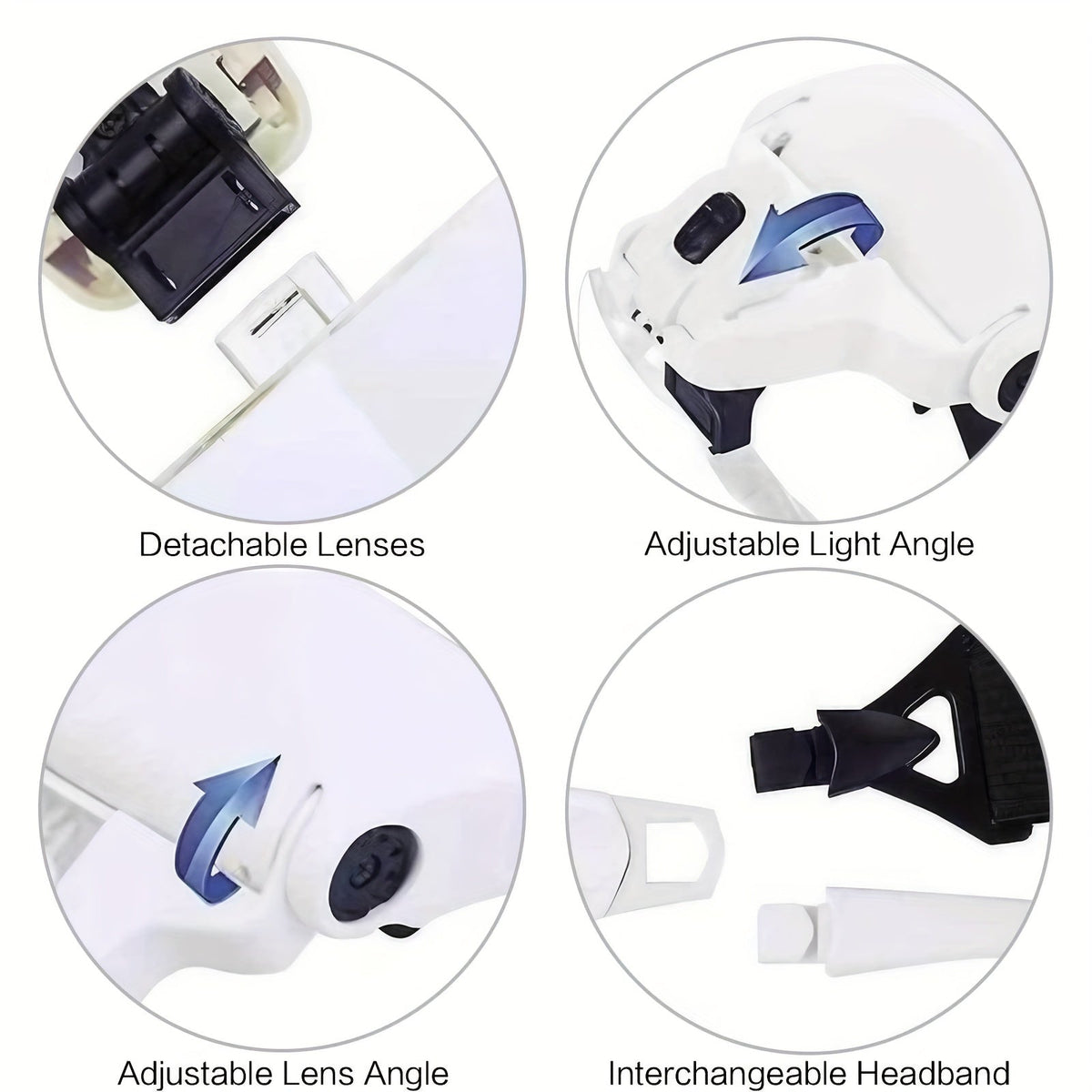 Loupe frontale avec éclairage LED, 5 lentilles interchangeables de 1,0X à 3,5X, casque grossissant à bandeau réglable pour la bijouterie, la réparation électronique, le modélisme, la lecture et les travaux de précision