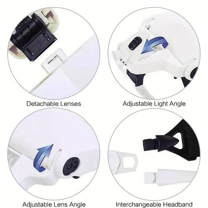 Loupe frontale avec éclairage LED, 5 lentilles interchangeables de 1,0X à 3,5X, casque grossissant à bandeau réglable pour la bijouterie, la réparation électronique, le modélisme, la lecture et les travaux de précision