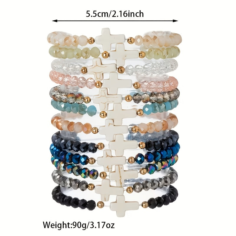 Lot de 24 bracelets élastiques bohèmes à breloques croix – Bracelets extensibles colorés avec breloques croix en résine et verre, lot en gros pour le quotidien, les vacances, les fêtes et les cadeaux de fin d'année