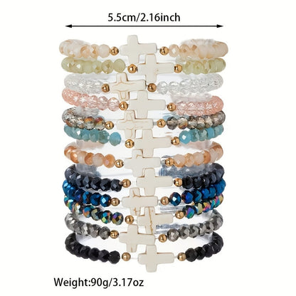 Lot de 24 bracelets élastiques bohèmes à breloques croix – Bracelets extensibles colorés avec breloques croix en résine et verre, lot en gros pour le quotidien, les vacances, les fêtes et les cadeaux de fin d'année
