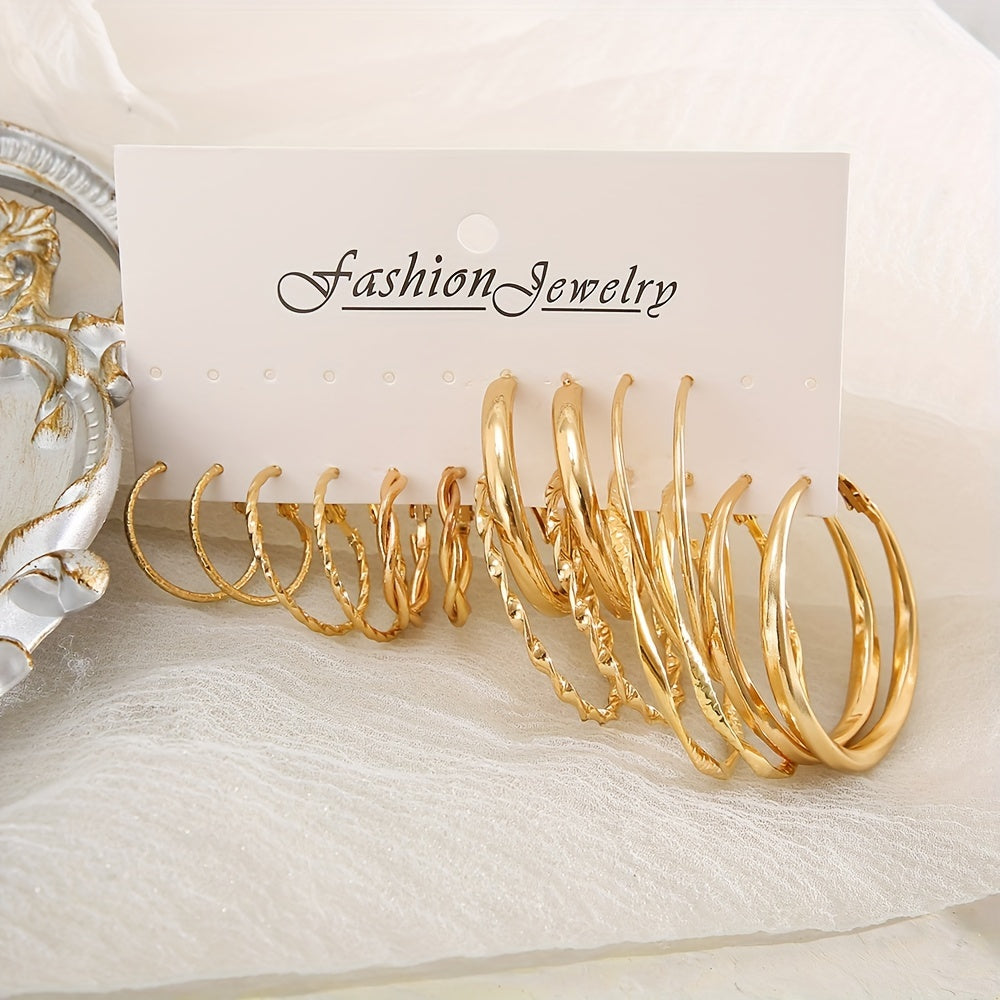 Ensemble de 16 boucles d'oreilles créoles torsadées pour femmes – Créoles dorées élégantes à large face, bijoux minimalistes pour le quotidien, les fêtes, les vacances et les rendez-vous, cadeau parfait