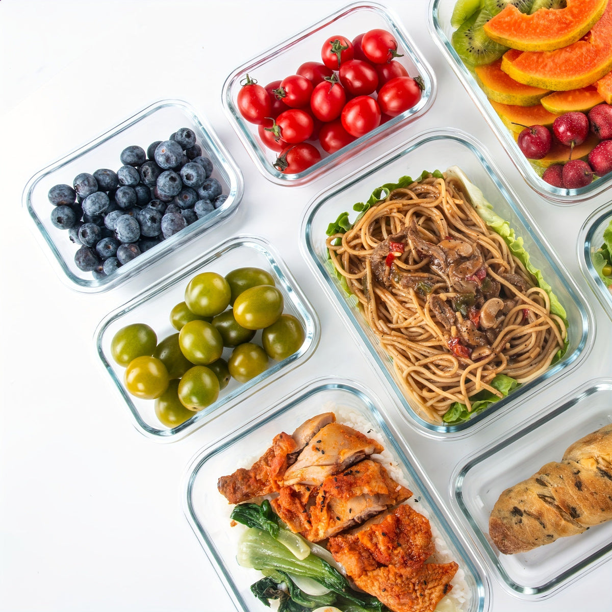 Lot de 8 récipients de conservation en verre avec couvercles – Boîtes de préparation de repas hermétiques en verre borosilicaté, compatibles four, micro-ondes et lave-vaisselle, rangement de cuisine empilable pour restes et déjeuners