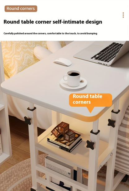 Table pour ordinateur portable réglable en hauteur avec 4 roulettes et double étagère – Bureau poste de travail mobile pour chevet, dortoir, bureau, salon, structure en acier robuste, design gain de place