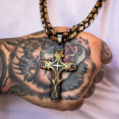 Ensemble de colliers croix en acier inoxydable pour homme, 2 pièces, chaîne cubaine avec pendentif croix, bijoux rétro hip-hop pour homme - Collier imposant, cadeau pour lui, anniversaire, Noël
