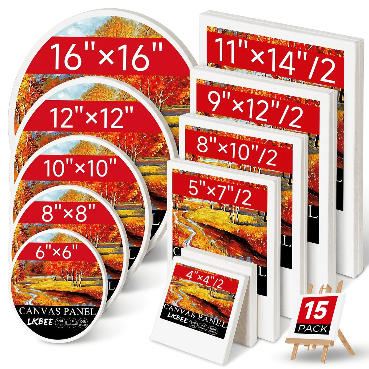 Lot de châssis entoilés ronds et carrés multi-formats – Packs de 5 à 20 pièces en 10x10, 11x14, 12x12, 16x16 et plus – Idéal pour le pouring acrylique, la technique humide sur humide, la peinture à l'huile et l'enseignement en classe