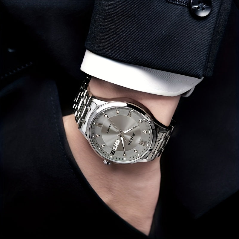 Montre à quartz de luxe pour homme, cadran tourbillon en acier inoxydable, affichage de la date, luminescence nocturne, montre sport et habillée, garde-temps élégant, cadeau de fête des pères pour homme