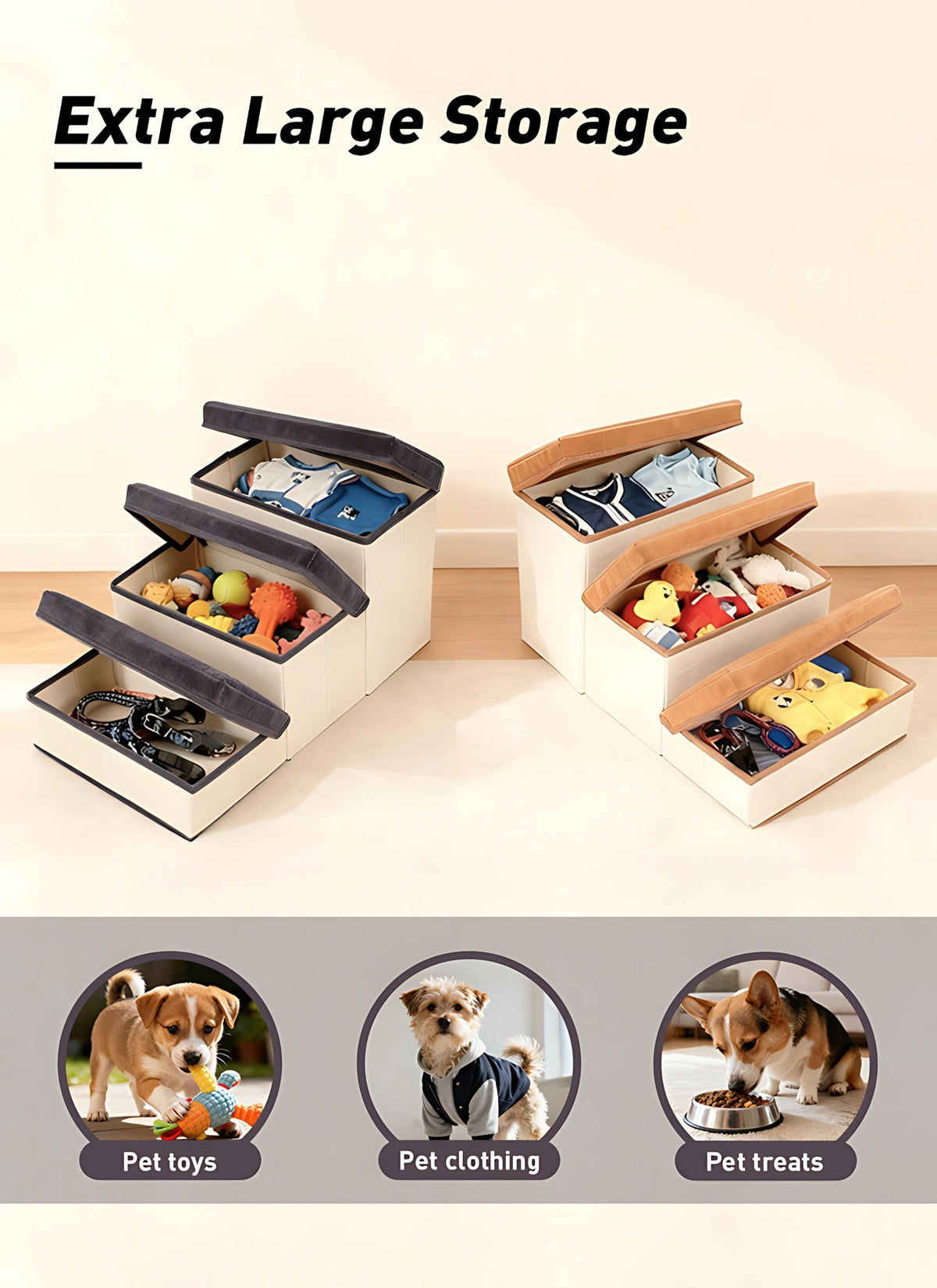 Escalier pliable pour petits chiens à 3 marches – Rampe pour animaux en nylon antidérapant pour lits et canapés surélevés, design pliable compact, marron et blanc, inclut une peluche en forme de patte de poulet en bonus