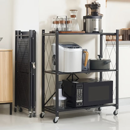 Étagère de rangement pliable en métal robuste à 3 niveaux avec roulettes, capacité de 340 kg – Unité de rayonnage roulante et mobile pour garage, cuisine, entrepôt et organisation de la maison, noir
