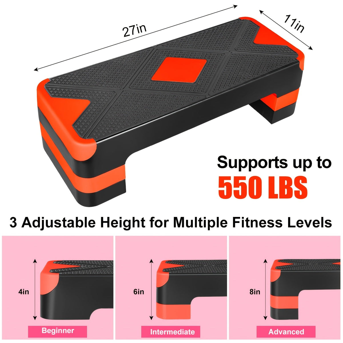 Plateforme de step aérobic réglable – 3 niveaux de hauteur (10/15/20 cm), stepper antidérapant pour entraînement cardio à domicile, planche d'exercice de step aérobic (6 couleurs)
