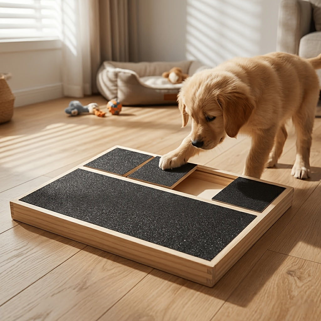 Distributeur de friandises 2-en-1 en bois pour chien et chat avec lime à griffes – Jouet interactif à alimentation lente à 6 compartiments et griffoir pour petits et moyens animaux, enrichissement comportemental et stimulation mentale