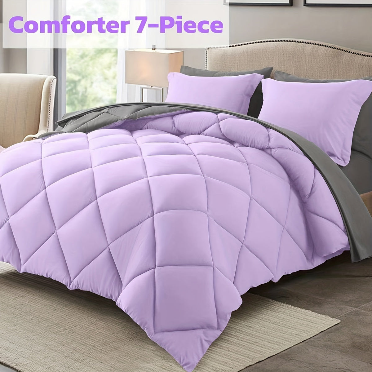 Ensemble de literie 7 pièces pour lit Queen/King – Parure de lit en microfibre douce à plis pincés, comprenant une couette, un drap-housse, un drap plat et 4 taies d'oreiller, ensemble de literie toutes saisons pour la maison et le dortoir